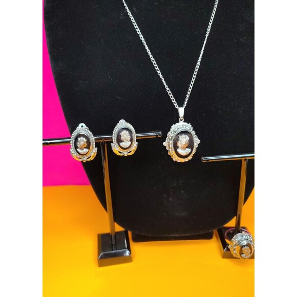 Vintage Whiting Davis Cameo Necklace Ring Earrings Set Silver Tone Jewelry Onyx - Picture 16 of 16